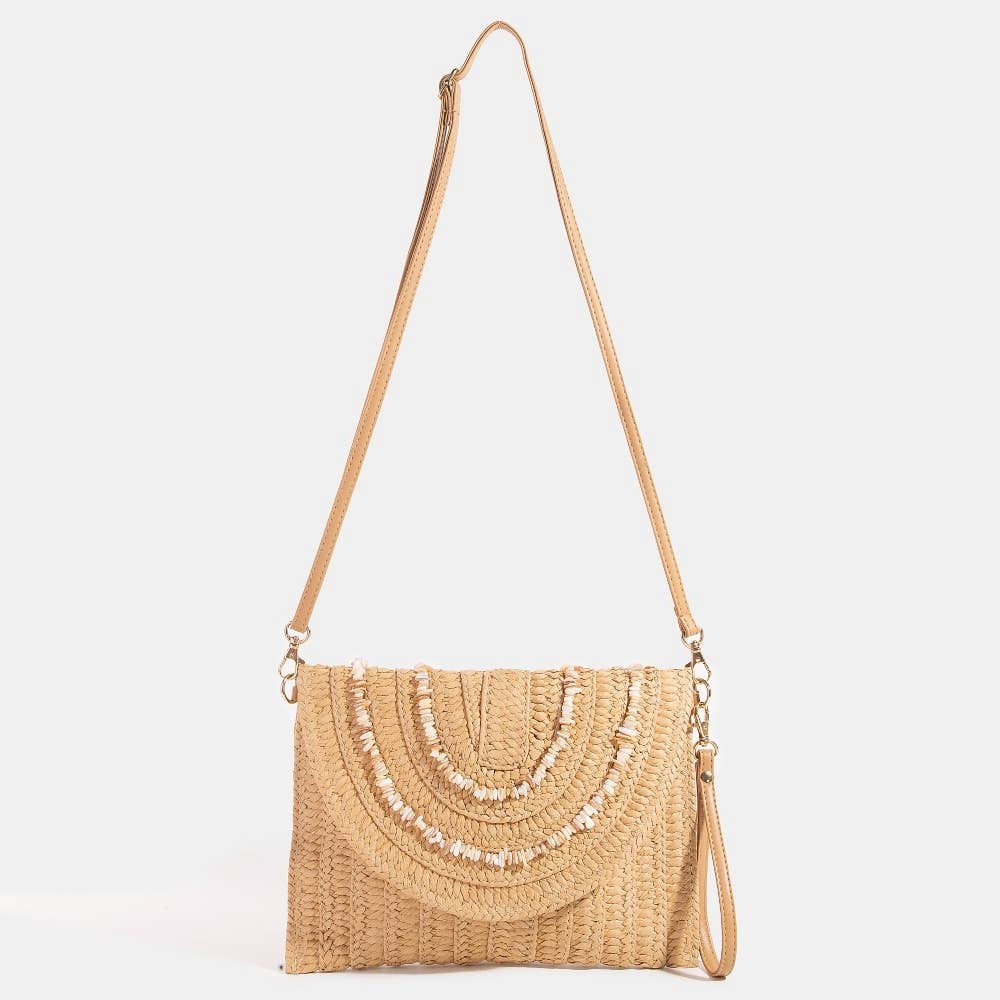 Shell Beaded Woven Envelope Clutch Bag