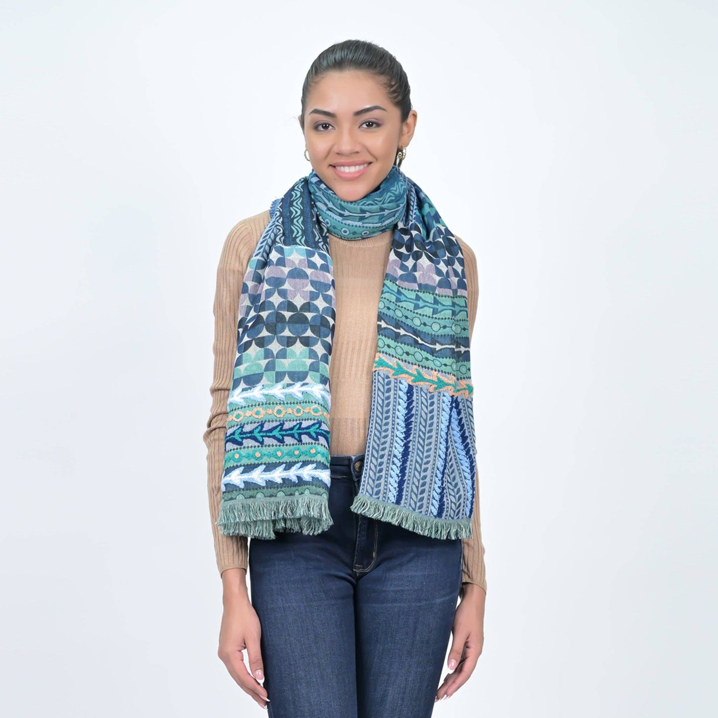 Beauty of Autumn Embroidered Scarf - Turquoise Green