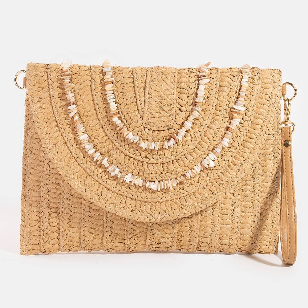 Shell Beaded Woven Envelope Clutch Bag