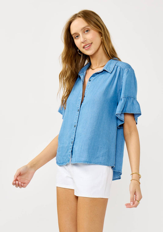 Raven Tencel Ruffle Sleeve Button-Down Top | Chambray
