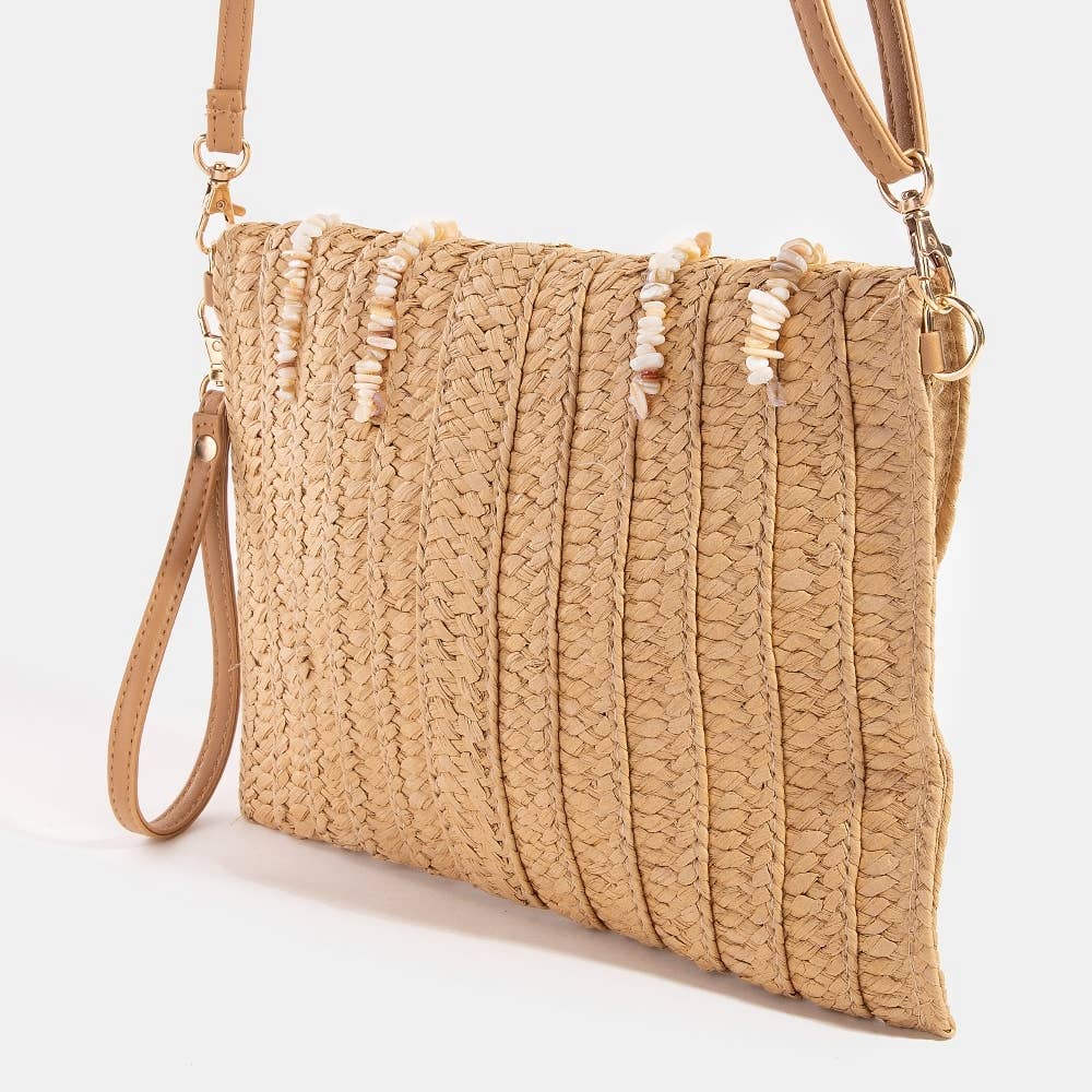 Shell Beaded Woven Envelope Clutch Bag