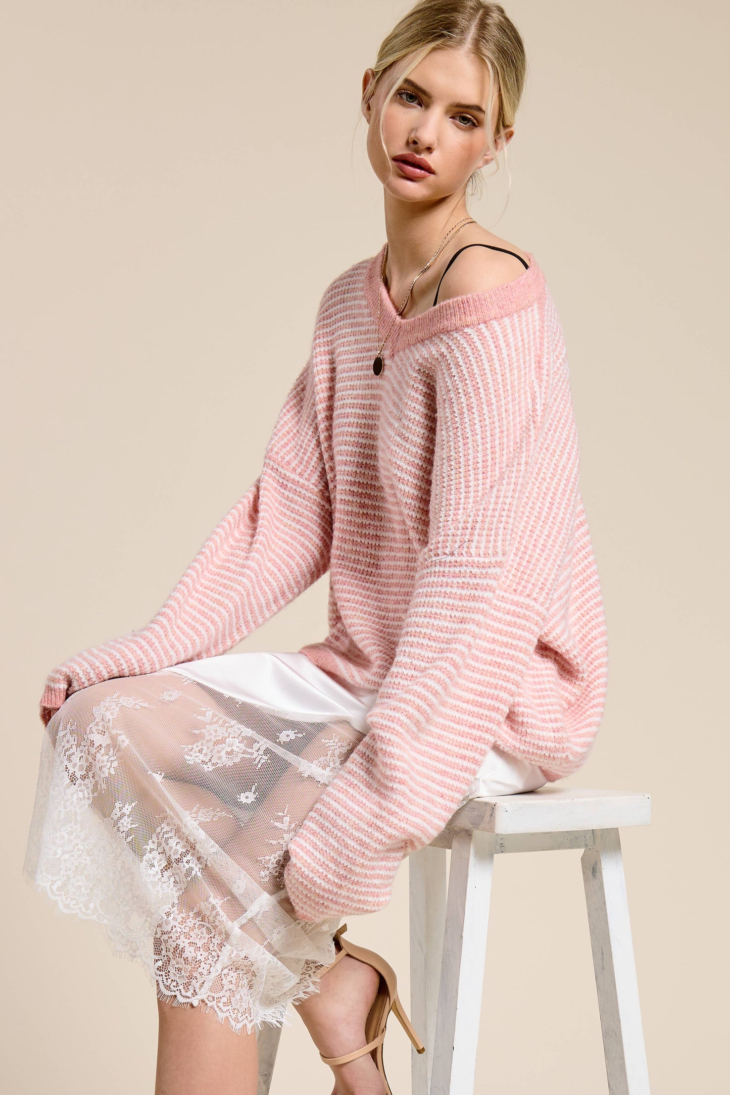 Lola Striped V Neck Sweater | Blush