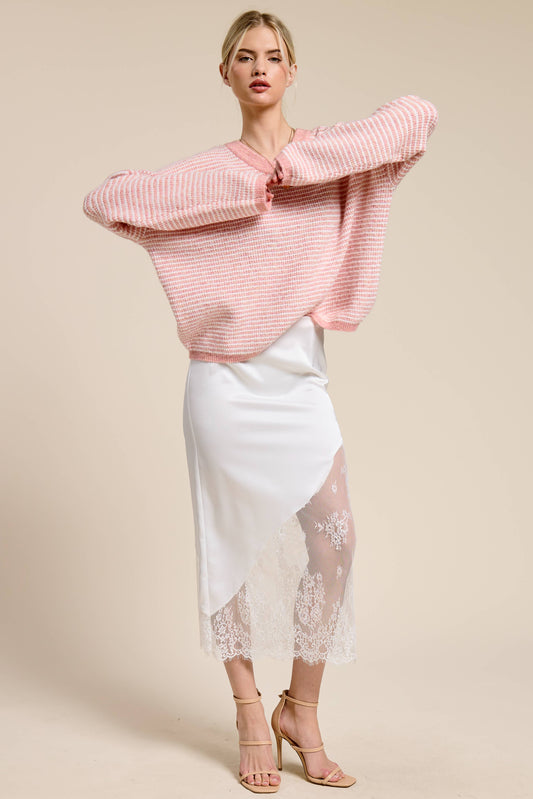 Lola Striped V Neck Sweater | Blush