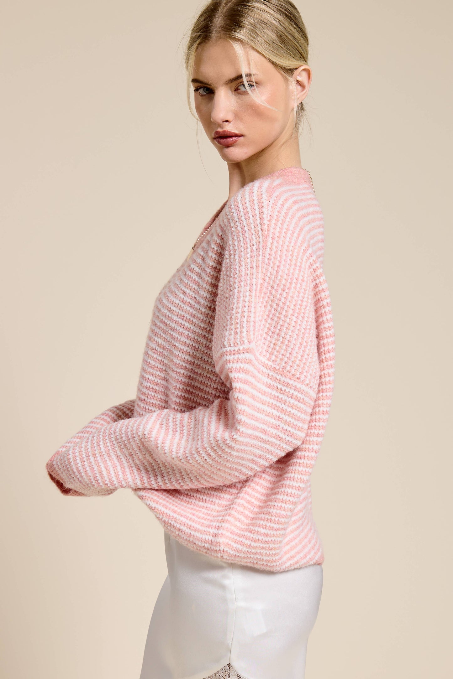 Lola Striped V Neck Sweater | Blush