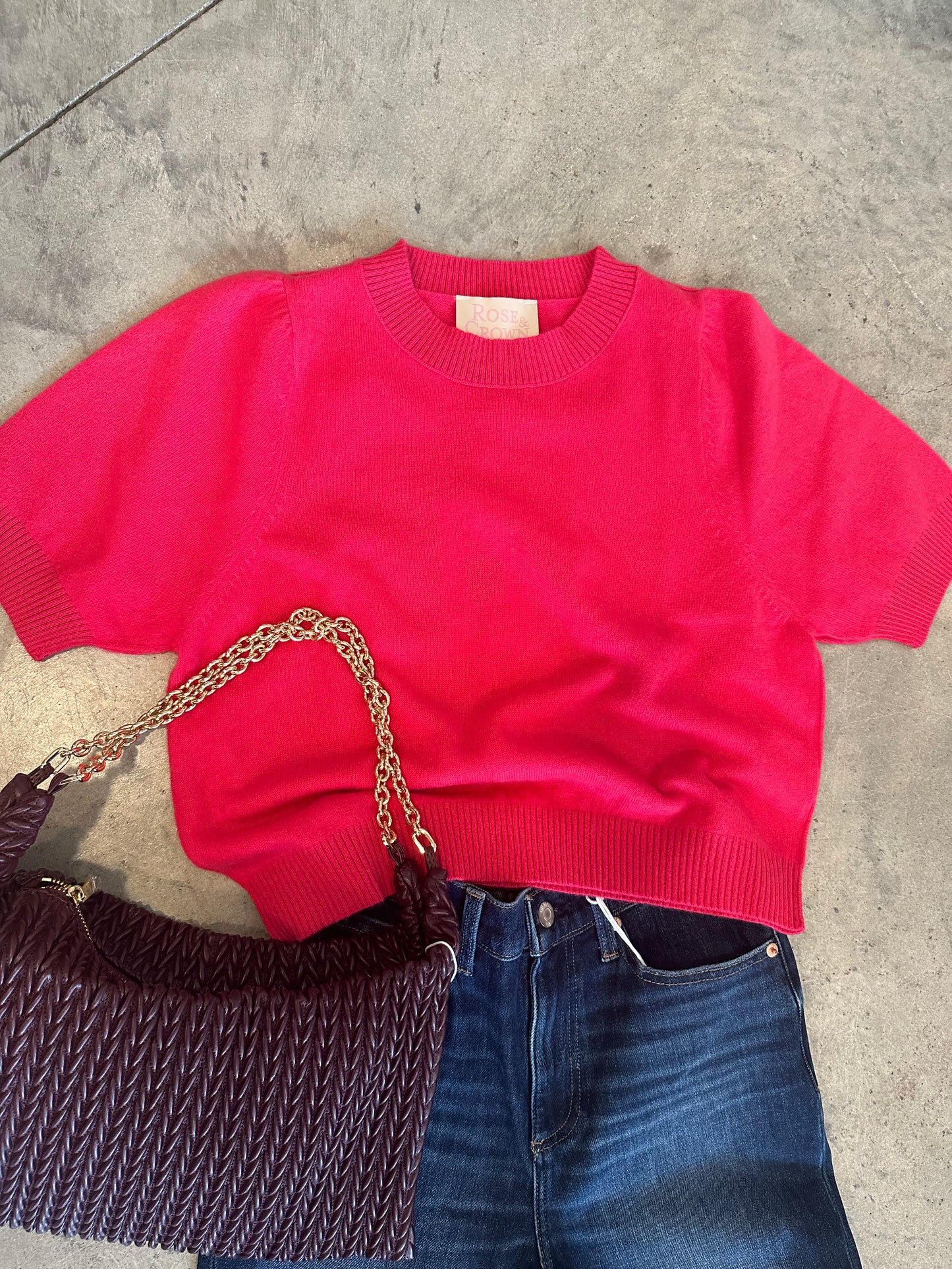 Jules Cashmere Short Sleeve Sweater| Fuchsia