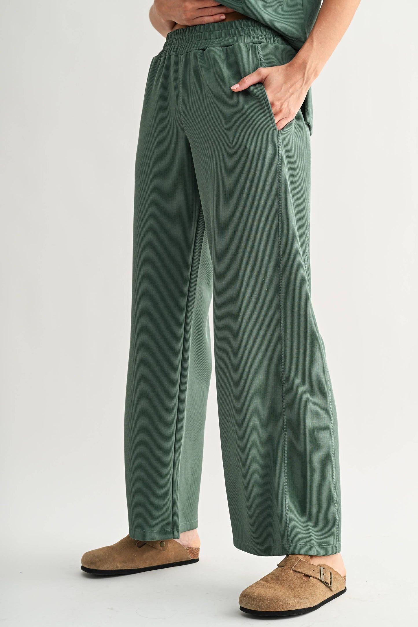 Sol Rib Wide-Leg Pants| Green