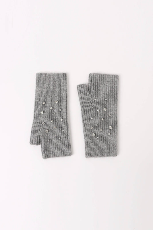 Crystal Embellished Angora Mittens - Grey