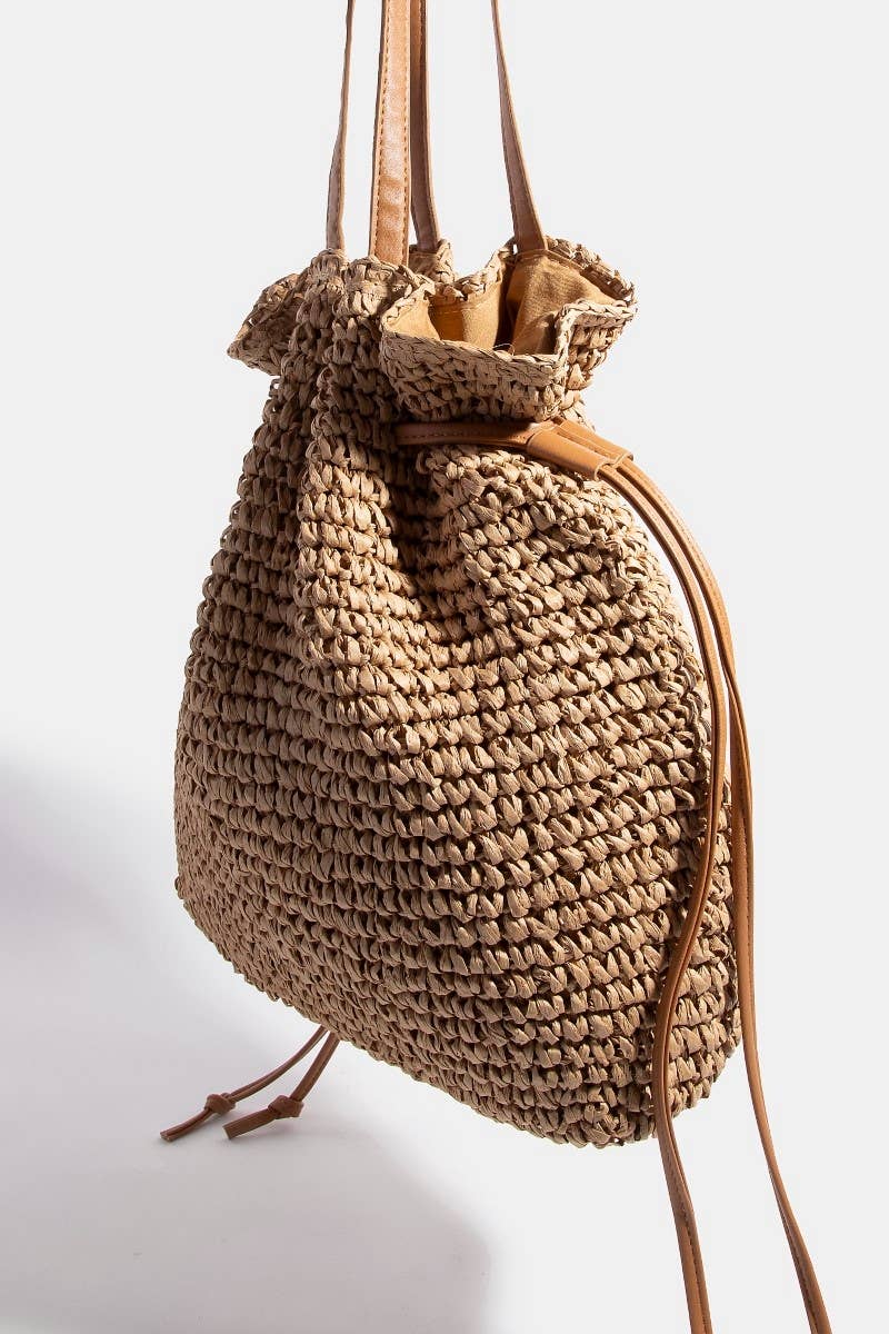 Faux Leather Straps Braided Tote Bag