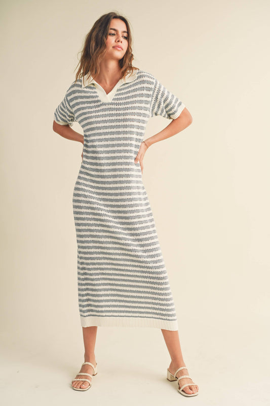 Lydia Crochet Knitted Dress | Light Blue Stripe