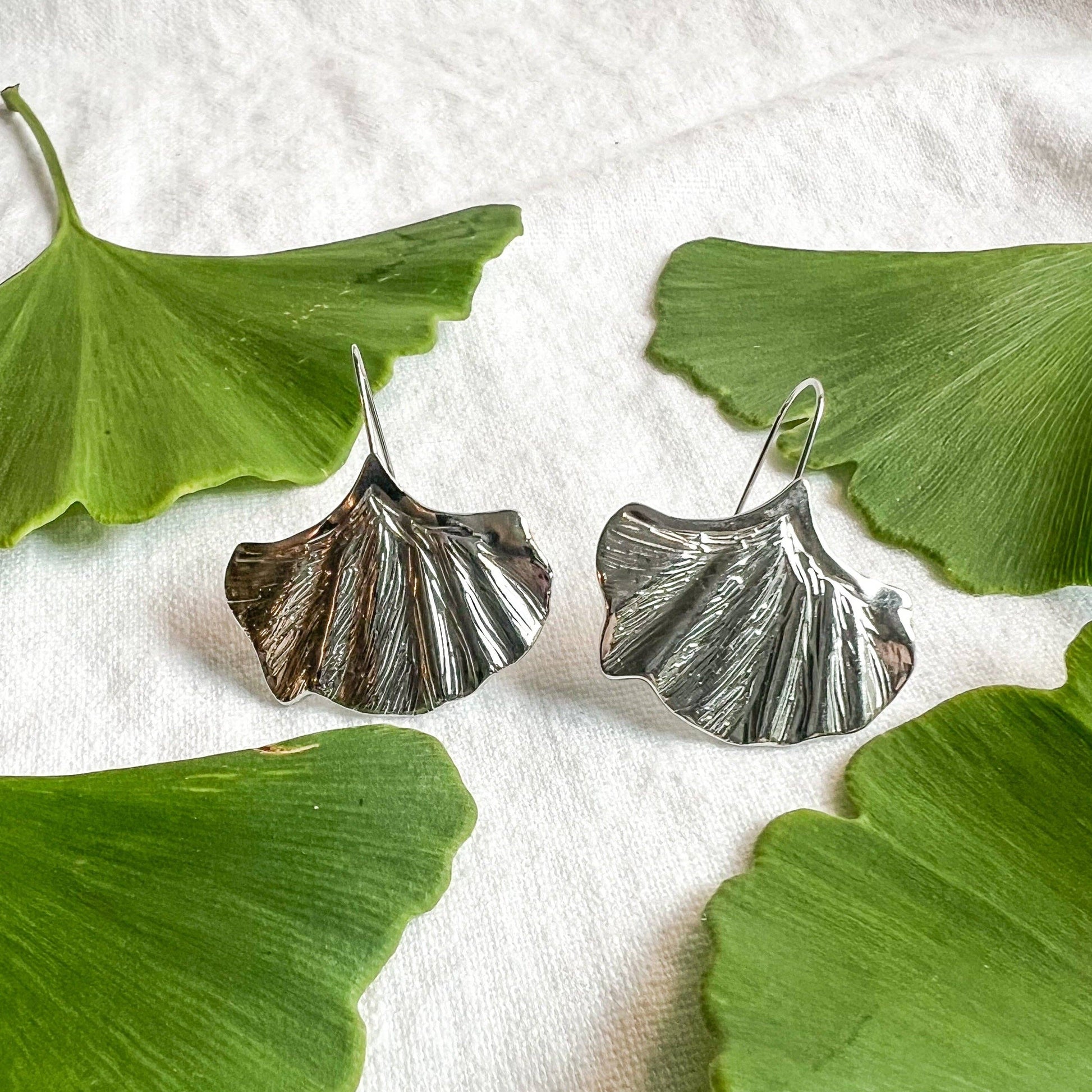 silver ginko earrings