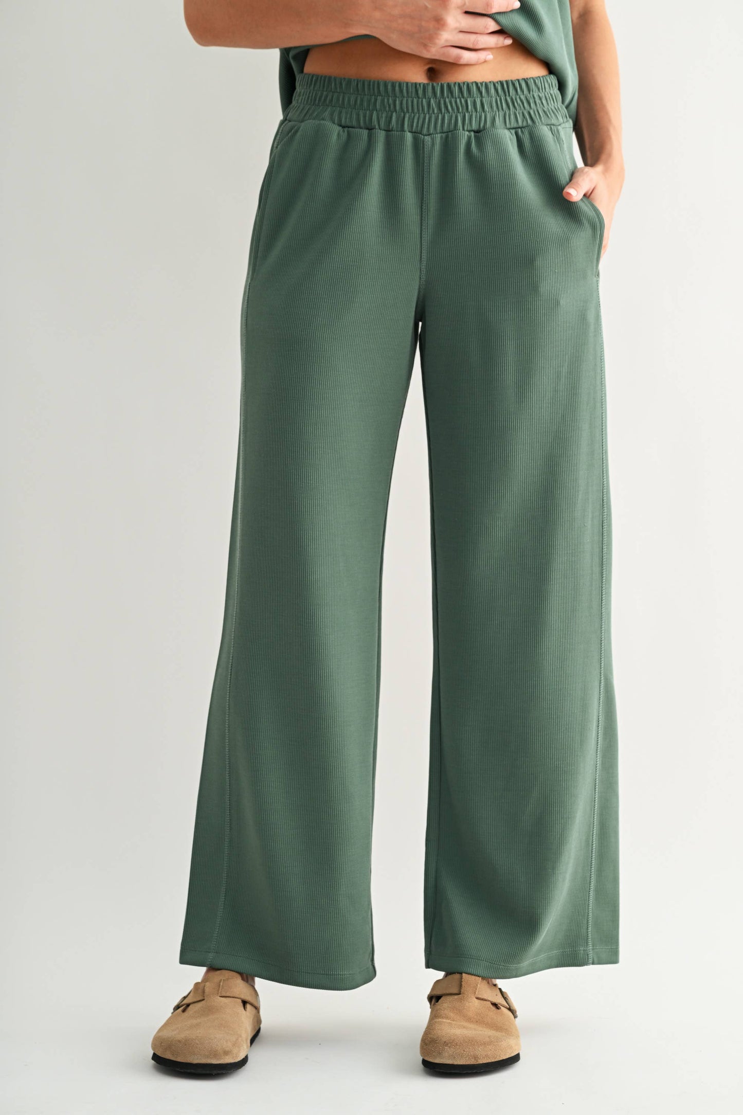 Sol Rib Wide-Leg Pants| Green