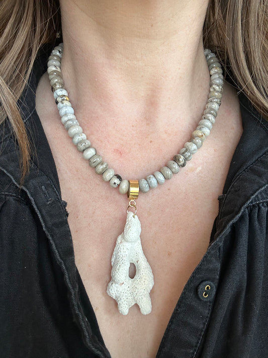 Gray Silver Leaf Jasper Necklace with Coral