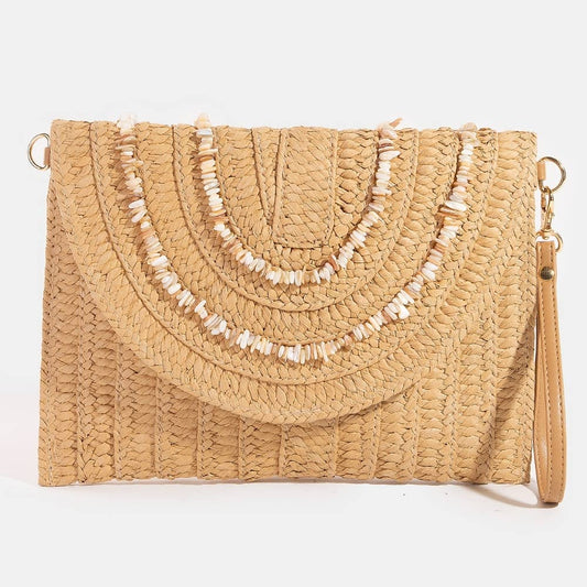 Shell Beaded Woven Envelope Clutch Bag