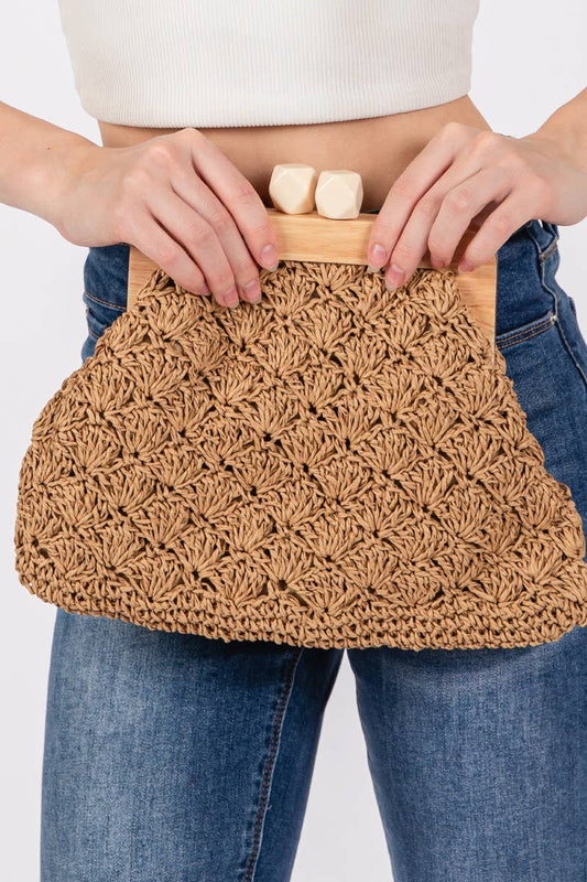 Straw Braided Wooden Frame Cluch Bag