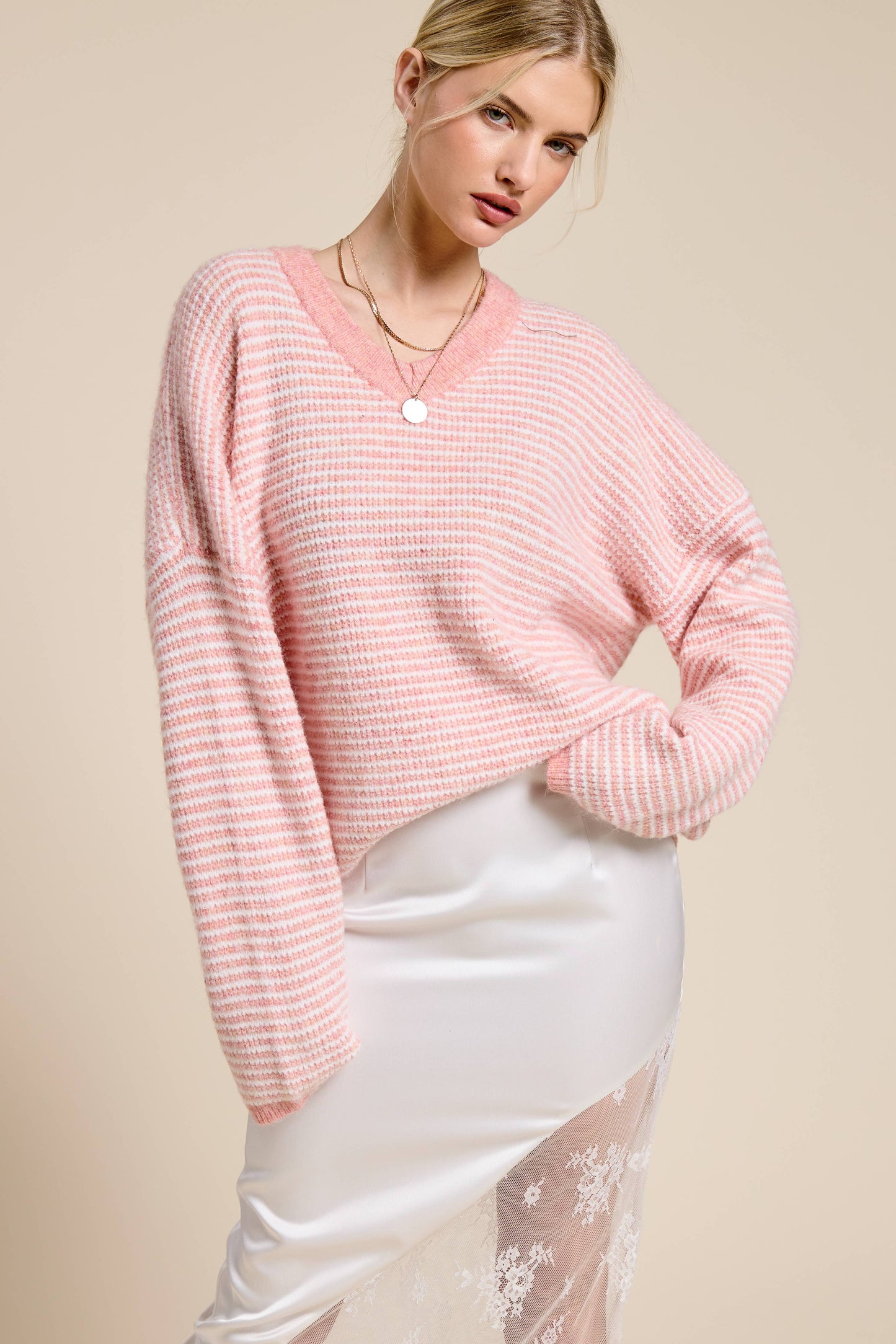 Lola Striped V Neck Sweater | Blush