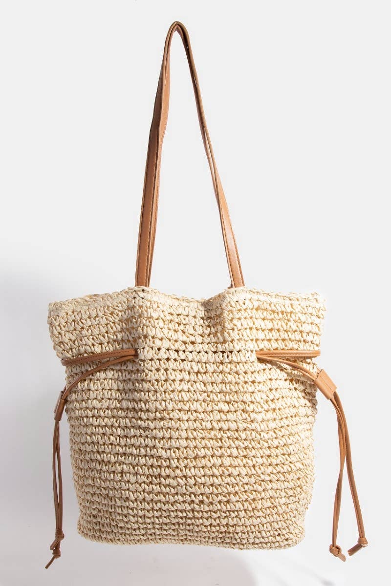 Faux Leather Straps Braided Tote Bag