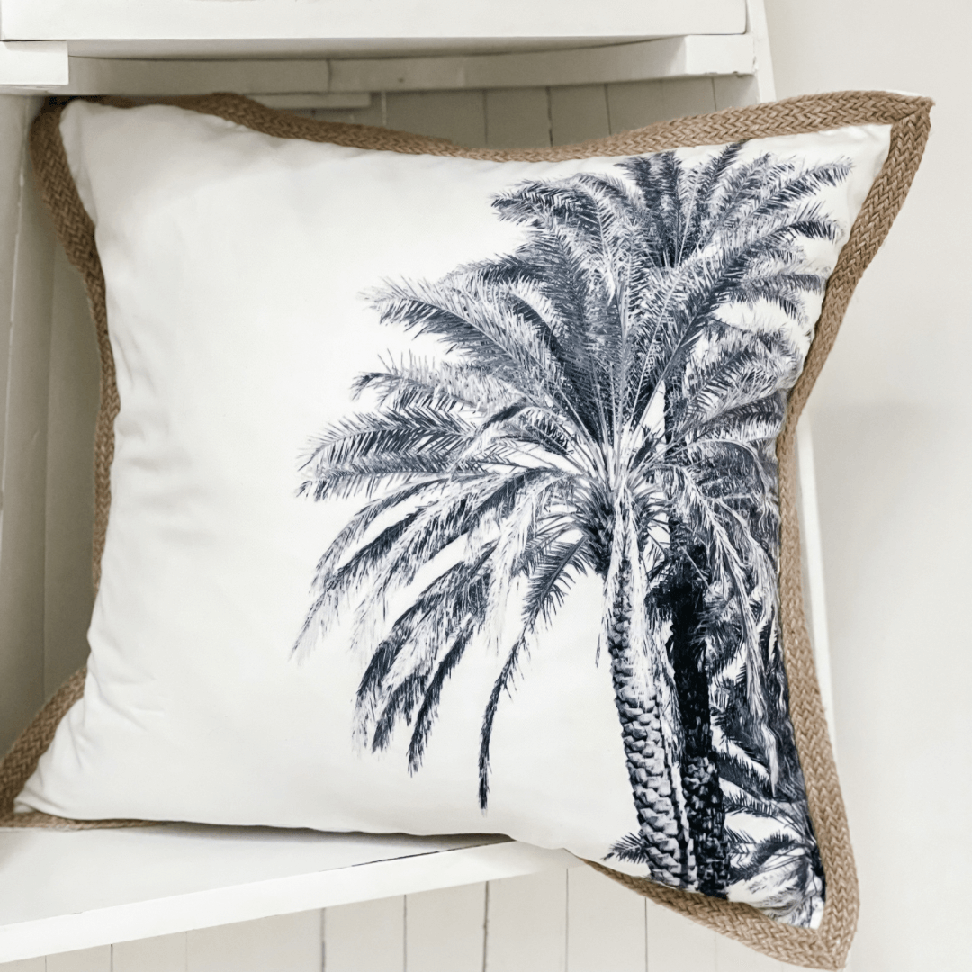 Madeline White Cotton & Navy Palm Cushion Cover