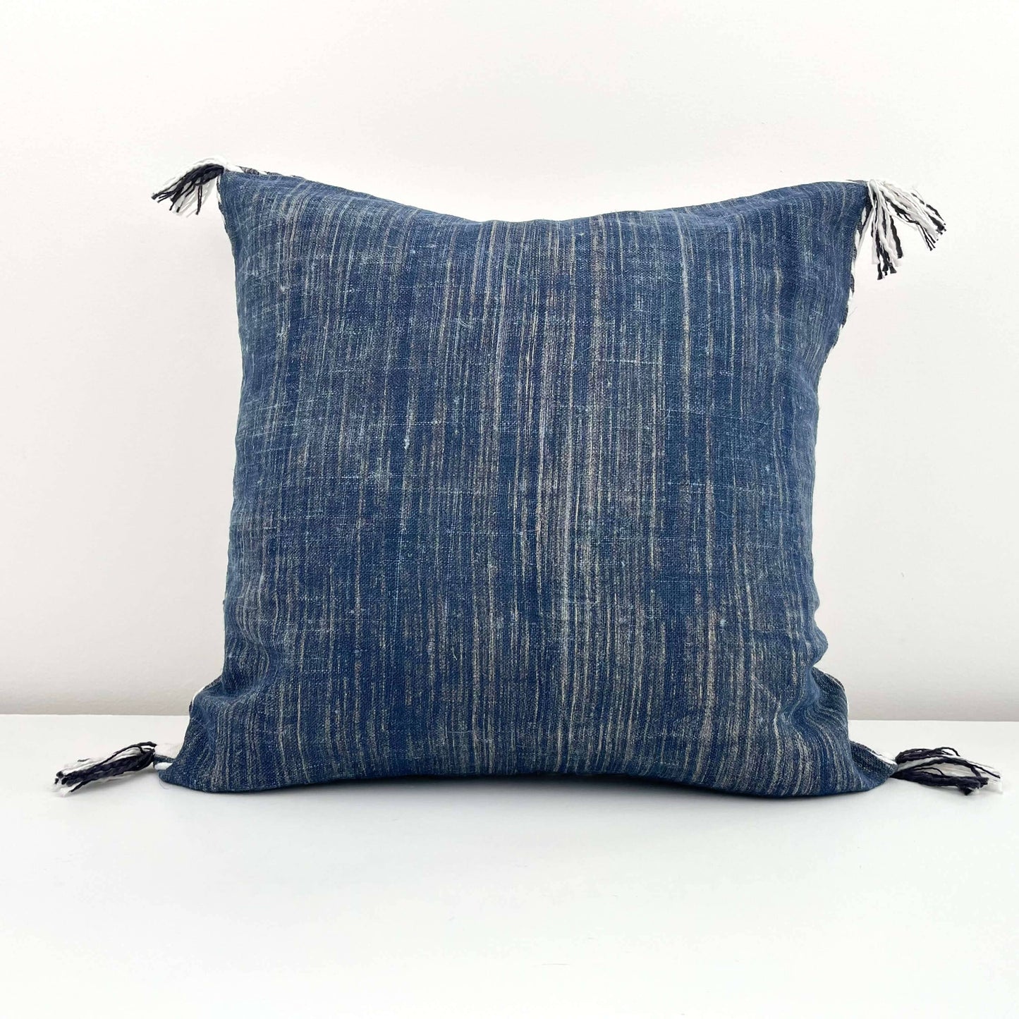 18x18 hand woven blue linen pillow cover with contrast edge